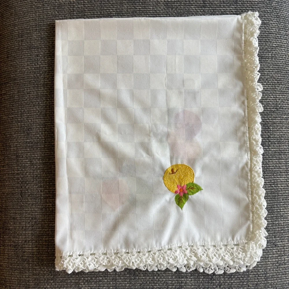 Handmade Embroidered Fruit Tablecloth 41x33 Lace Border Small Linen Table Cover